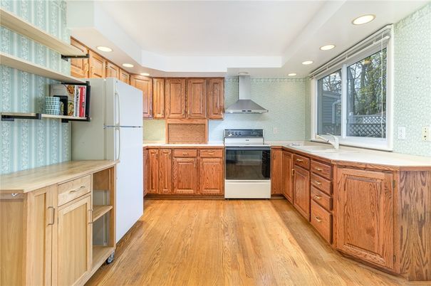 Interior, Kitchen, Recessed Lighting, Stainless Steel Appliances, Wood Texture Flooring