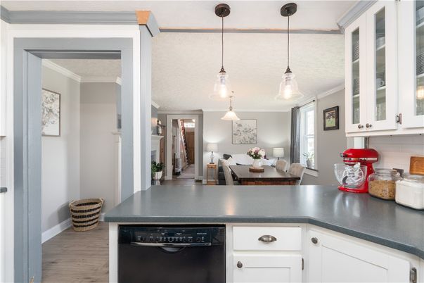 Dining room, Interior, Kitchen, Pendant Lights, Wood Texture Flooring