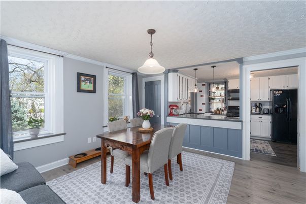 Dining room, Interior, Kitchen, Pendant Lights, Wood Texture Flooring