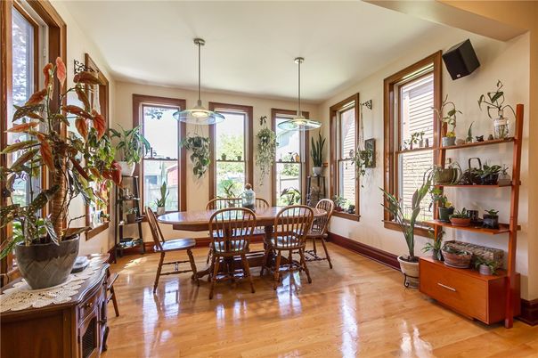 Dining room, Interior, Pendant Lights, Wood Texture Flooring