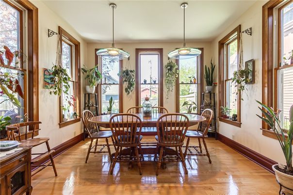 Dining room, Interior, Pendant Lights, Wood Texture Flooring