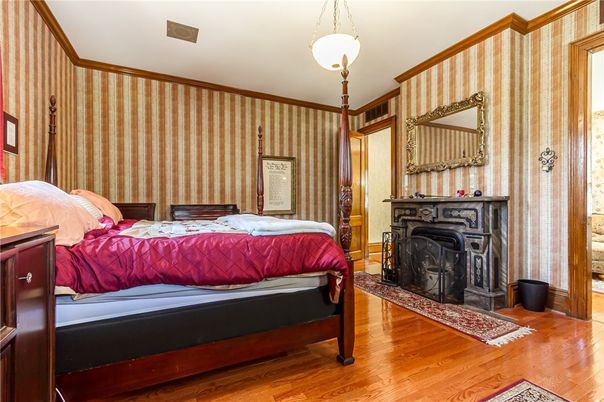Bedroom, Fireplace, Interior, Wood Texture Flooring