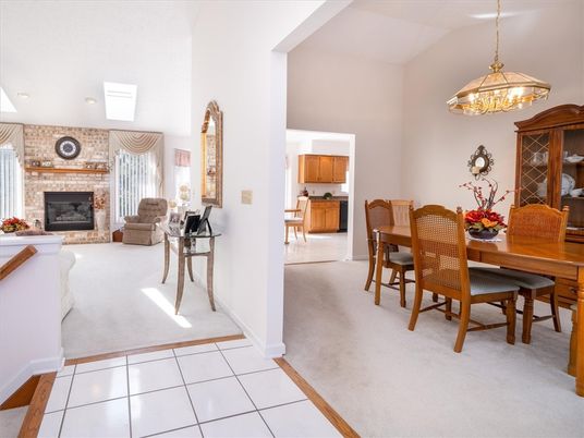 Dining room, Fireplace, Interior, Pendant Lights, Recessed Lighting, Stone Walls