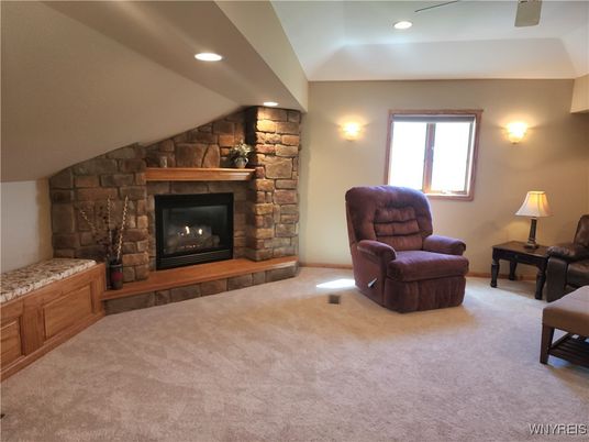 Fireplace, Interior, Recessed Lighting, Stone Walls