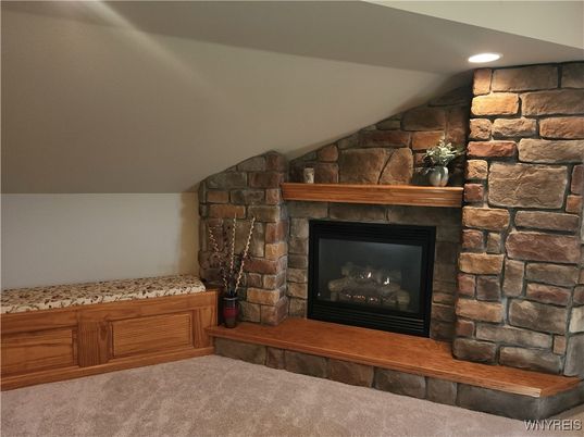 Fireplace, Interior, Recessed Lighting, Stone Walls