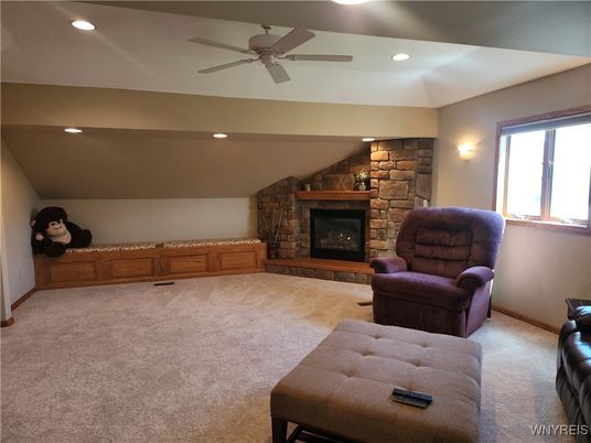 Fireplace, Interior, Recessed Lighting, Stone Walls