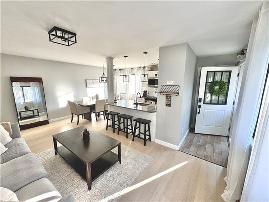 Dining room, Interior, Kitchen, Living room, Pendant Lights, Wood Texture Flooring