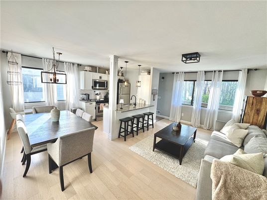 Dining room, Interior, Kitchen, Living room, Pendant Lights, Wood Texture Flooring