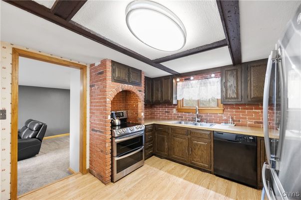 Interior, Kitchen, Stainless Steel Appliances, Stone Walls, Wood Texture Flooring