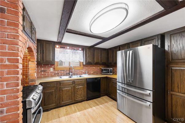 Interior, Kitchen, Stainless Steel Appliances, Stone Walls, Wood Texture Flooring