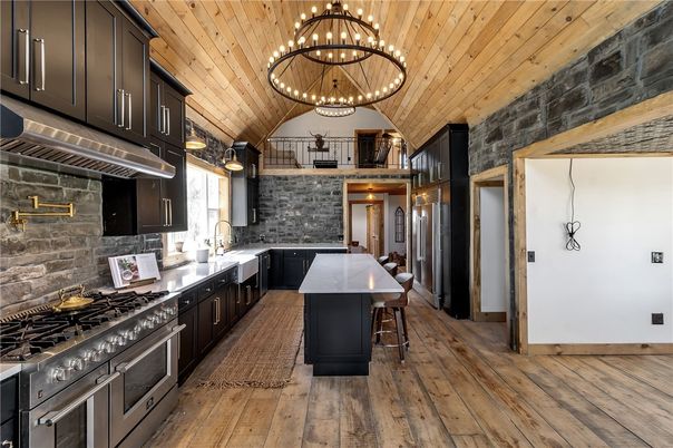 Interior, Kitchen, Pendant Lights, Stone Walls, Wooden Ceilings, Wood Texture Flooring