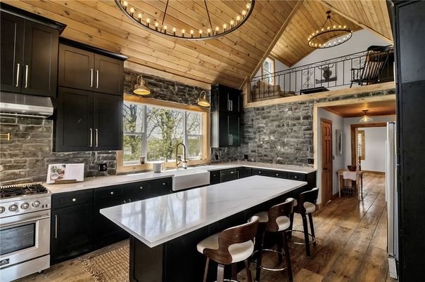 Interior, Kitchen, Pendant Lights, Stainless Steel Appliances, Stone Walls, Wooden Ceilings, Wood Texture Flooring