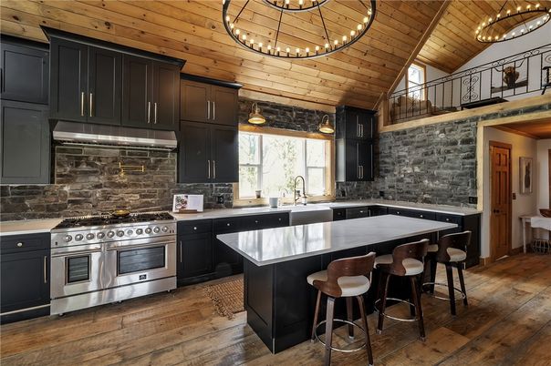 Interior, Kitchen, Pendant Lights, Stainless Steel Appliances, Wooden Ceilings, Wood Texture Flooring