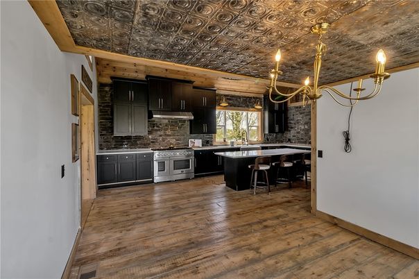 Chandelier, Interior, Kitchen, Pendant Lights, Stone Walls, Wood Texture Flooring