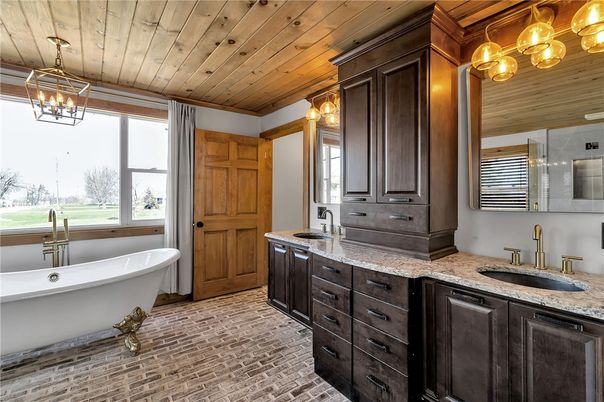 Bathroom, Dual Sink Vanities, Free Standing Baths, Interior, Pendant Lights, Wooden Ceilings