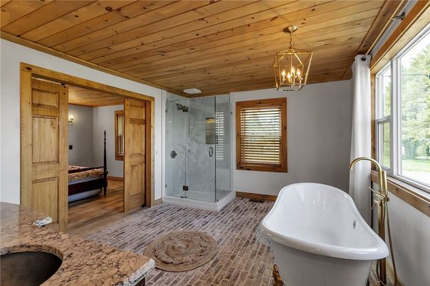 Bathroom, Free Standing Baths, Glass Shower, Interior, Pendant Lights, Wooden Ceilings