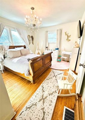 Bedroom, Chandelier, Interior, Wood Texture Flooring