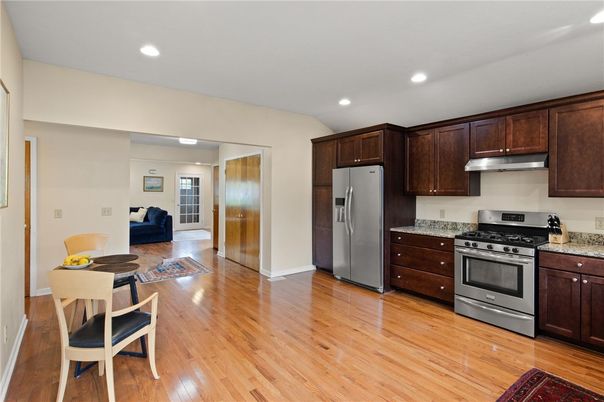 Interior, Kitchen, Living room, Recessed Lighting, Stainless Steel Appliances, Wood Texture Flooring