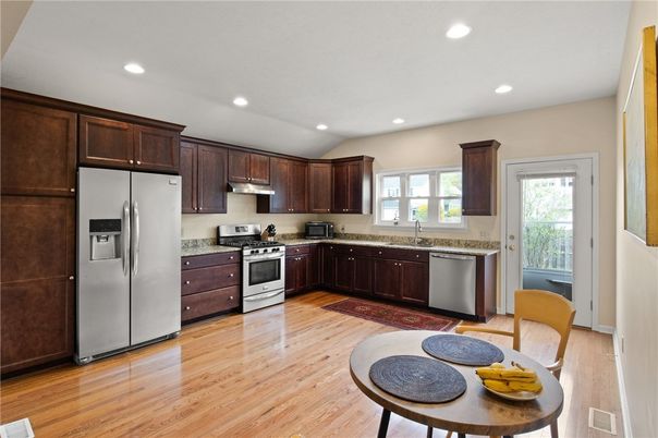 Interior, Kitchen, Recessed Lighting, Stainless Steel Appliances, Wood Texture Flooring