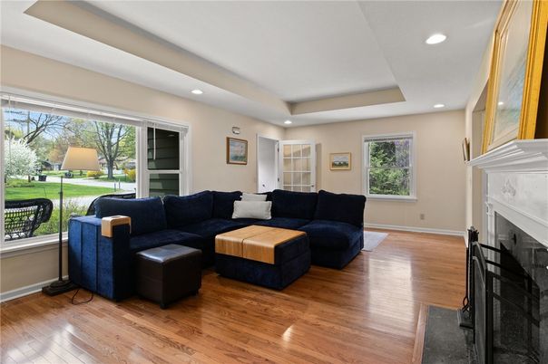Fireplace, Interior, Living room, Recessed Lighting, Wood Texture Flooring