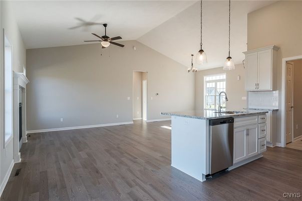 Fireplace, Interior, Kitchen, Pendant Lights, Wood Texture Flooring