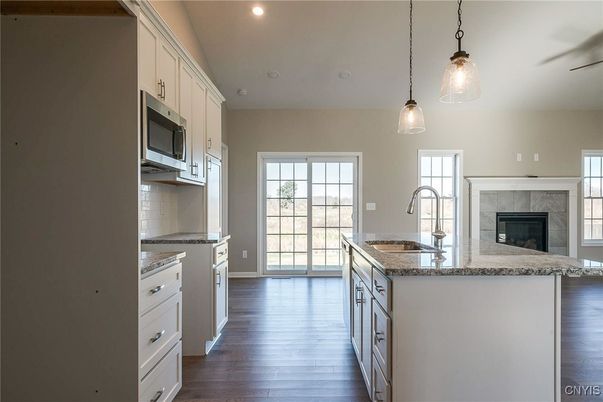 Fireplace, Interior, Kitchen, Pendant Lights, Recessed Lighting, Wood Texture Flooring