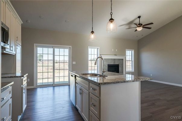 Fireplace, Interior, Kitchen, Pendant Lights, Wood Texture Flooring