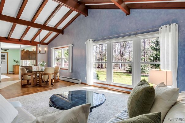 Dining room, Interior, Living room, Pendant Lights, Wooden Beams, Wood Texture Flooring