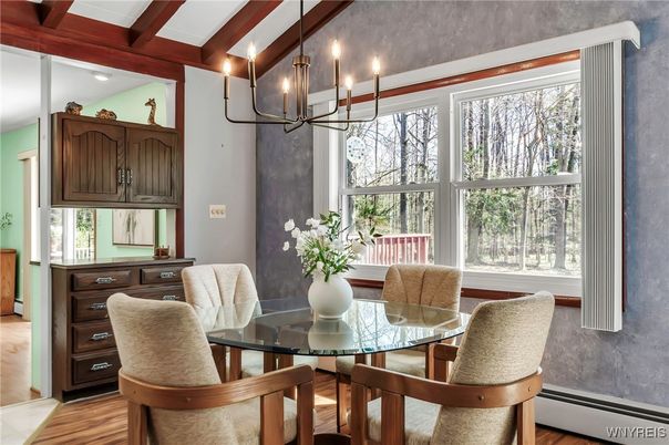 Chandelier, Dining room, Interior, Recessed Lighting, Wooden Beams, Wood Texture Flooring