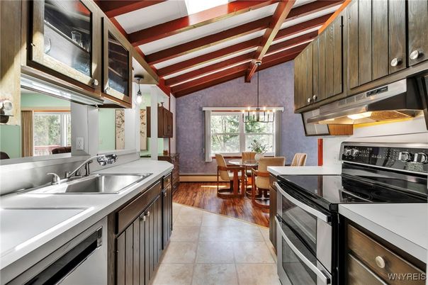 Dining room, Interior, Kitchen, Living room, Pendant Lights, Wooden Beams, Wood Texture Flooring