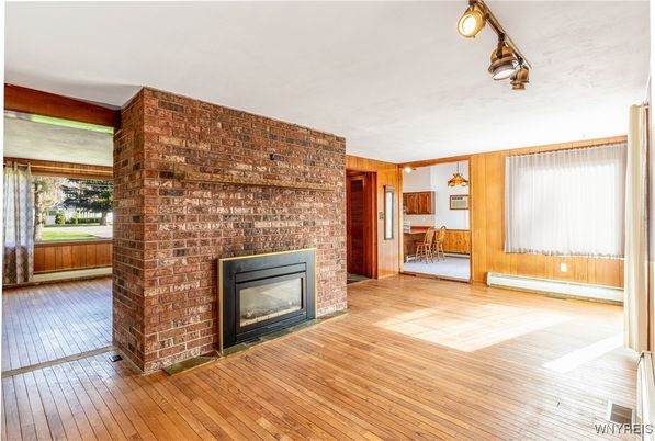 Empty room, Fireplace, Interior, Stone Walls, Wood Texture Flooring, Wooden Walls