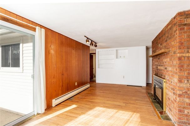 Empty room, Fireplace, Interior, Stone Walls, Wood Texture Flooring, Wooden Walls