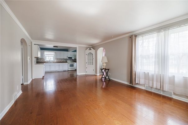Empty room, Interior, Kitchen, Stainless Steel Appliances, Wood Texture Flooring