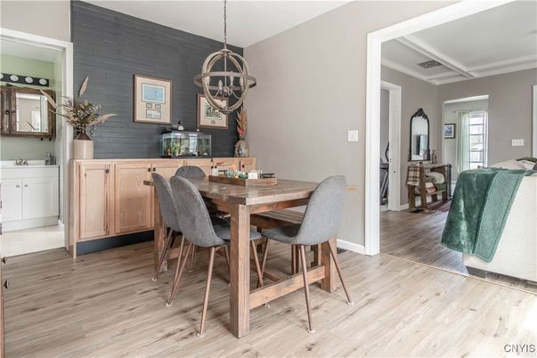 Dining room, Interior, Pendant Lights, Wood Texture Flooring