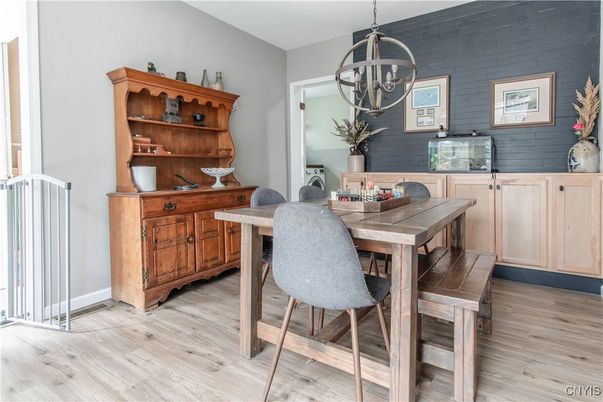 Dining room, Interior, Pendant Lights, Wood Texture Flooring