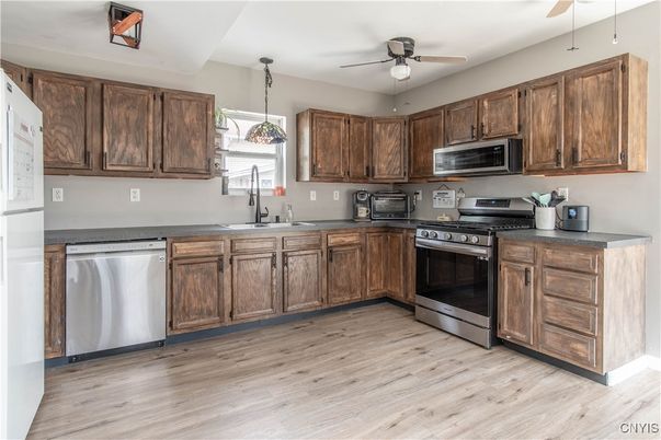 Interior, Kitchen, Pendant Lights, Stainless Steel Appliances, Wood Texture Flooring