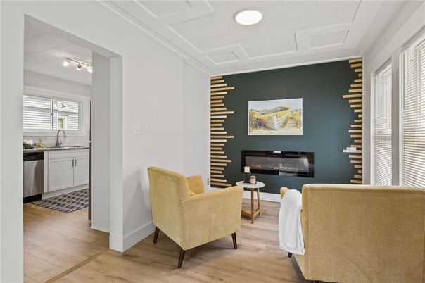 Fireplace, Interior, Living room, Recessed Lighting, Wood Texture Flooring