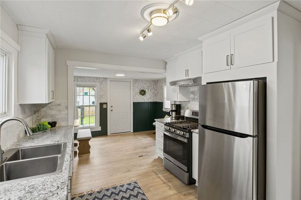 Interior, Kitchen, Recessed Lighting, Stainless Steel Appliances, Wood Texture Flooring