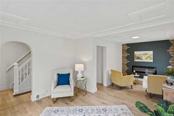 Fireplace, Interior, Living room, Recessed Lighting, Wood Texture Flooring