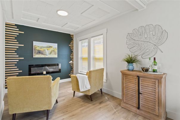 Fireplace, Interior, Living room, Recessed Lighting, Wood Texture Flooring