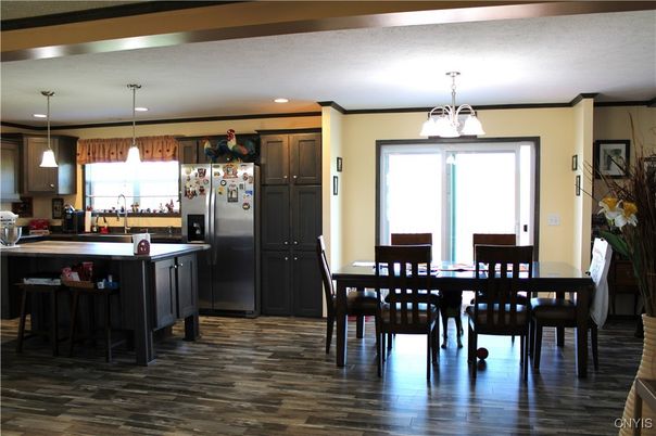 Dining room, Interior, Kitchen, Pendant Lights, Recessed Lighting, Wood Texture Flooring