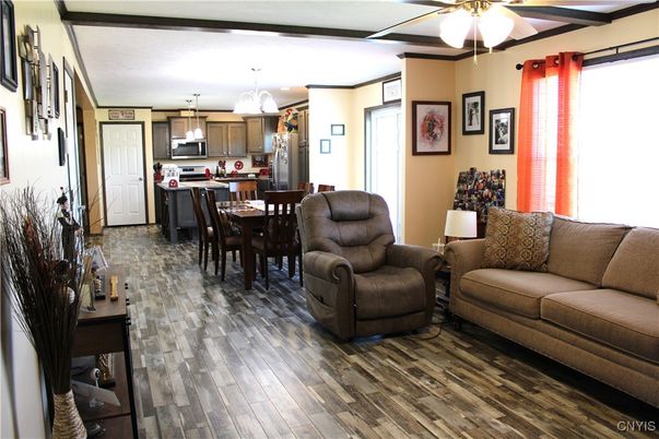Dining room, Interior, Kitchen, Living room, Pendant Lights, Stainless Steel Appliances, Wood Texture Flooring