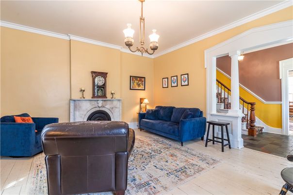 Chandelier, Fireplace, Interior