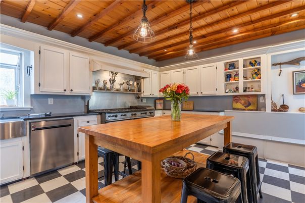 Interior, Kitchen, Pendant Lights, Recessed Lighting, Stainless Steel Appliances, Wooden Beams, Wooden Ceilings