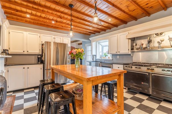 Interior, Kitchen, Pendant Lights, Recessed Lighting, Stainless Steel Appliances, Wooden Beams, Wooden Ceilings