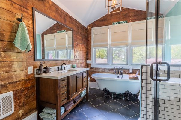 Bathroom, Dual Sink Vanities, Free Standing Baths, Glass Shower, Interior, Wooden Walls
