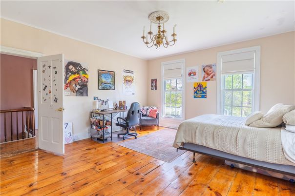 Bedroom, Chandelier, Home Office, Interior, Wood Texture Flooring