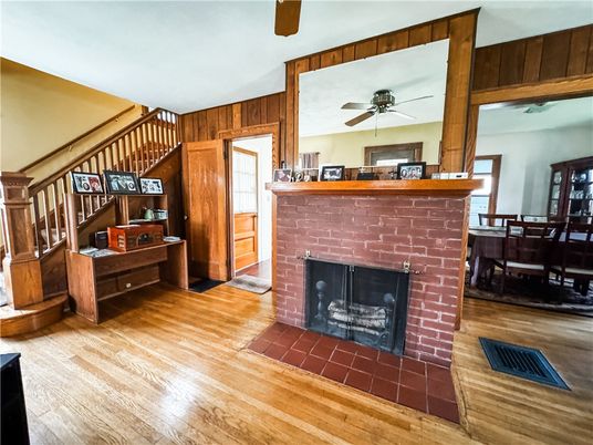 Dining room, Fireplace, Interior, Wood Texture Flooring, Wooden Walls