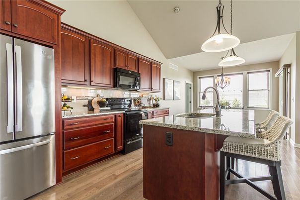 Chandelier, Interior, Kitchen, Pendant Lights, Stainless Steel Appliances, Wood Texture Flooring