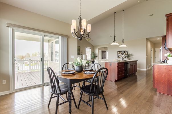 Chandelier, Dining room, Interior, Kitchen, Pendant Lights, Recessed Lighting, Wood Texture Flooring